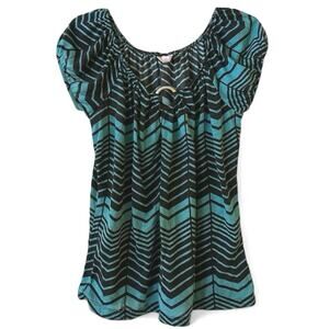 Y2K One Step Up Shirt Chevron Zigzag Keyhole Top Blue & Black 1X / XL